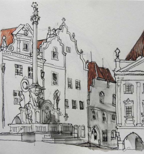 drawing: main square with plague column